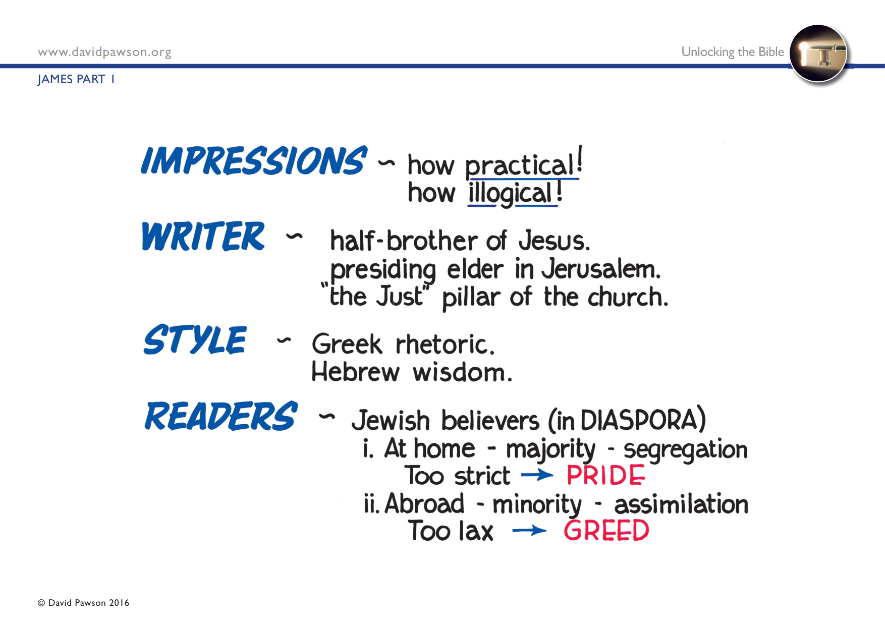 Unlocking the Bible chart, James Part 1: impressions, writer, style, and readers